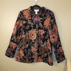 Susan Graver Style Tapestry Jacket Floral Size L Hong Kong Made